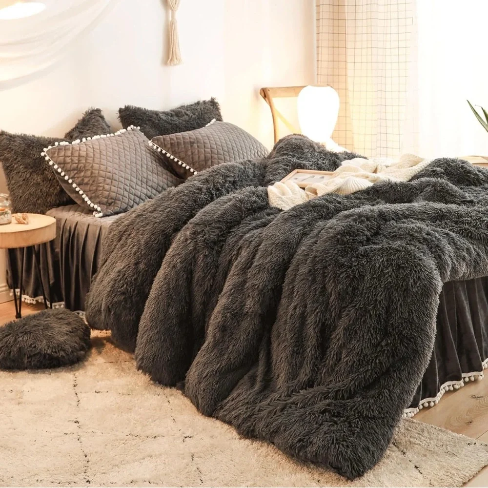 🎀DARK Gray Velvet Faux Fur Duvet Cover Zipper New🎀